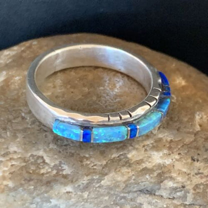Navajo Blue Opal Inlay Ring | Sterling Silver | Sz 10.5 | Authentic Native American Handmade | Yazzie | 12963
