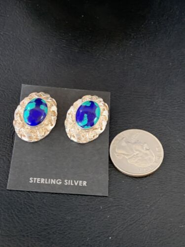 Native American Women's Blue Azurite Nugget Earrings | Sterling Silver | 13016