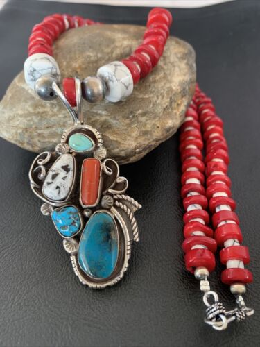 Navajo Coral, White Buffalo Turquoise, Spiny Oyster Pendant | Authentic Native American Sterling Silver | Multi-Stone | 1178