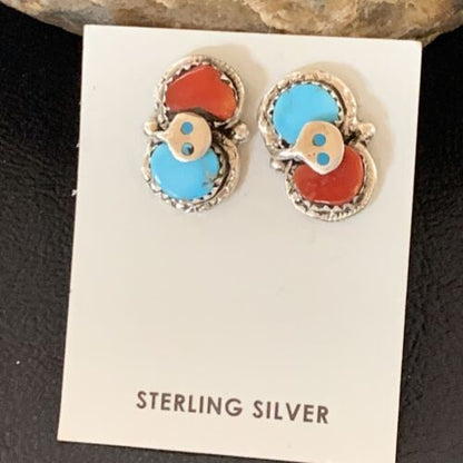 Zuni Snake Earrings | Blue Kingman Turquoise & Red Coral | Sterling Silver | Native American Handmade | 12041