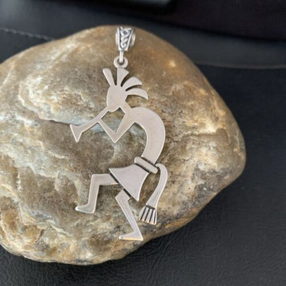 Navajo Kokopelli Pendant | Handmade Stamped Sterling Silver | 2.25" | 14041