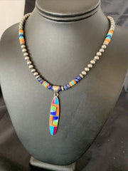 Navajo Sterling Silver Turquoise & Spiny Oyster Inlay Multicolor Necklace Pendant | Authentic Native American Handmade | 11638