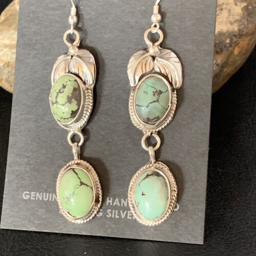 Navajo Green Spiderweb Turquoise Dangle Earrings | Sterling Silver | Authentic Native American Handmade | 13554