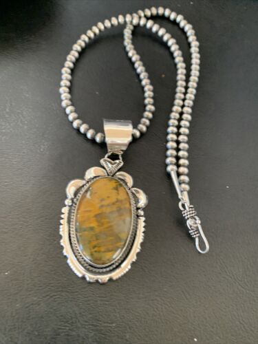 Men's Navajo Pearl Necklace with Sterling Silver Coffee Tiger's Eye Pendant | Authentic Native American Handmade | 11688 - Masha USA