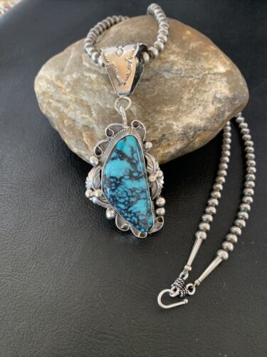 Men's Navajo Blue Spiderweb Turquoise Pendant Necklace | Sterling Silver | Authentic Native American Handmade | 10661