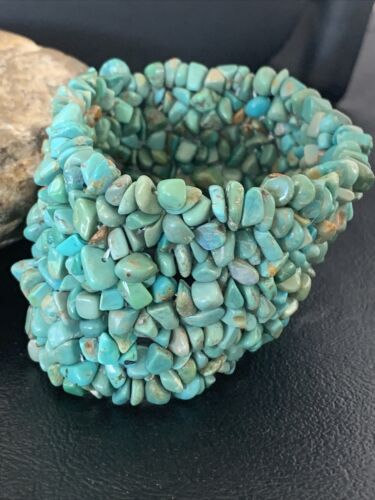 Women's Green Turquoise Nugget Stone Stretch Bracelet | 2" Wide | Navajo Jewelry | 1395