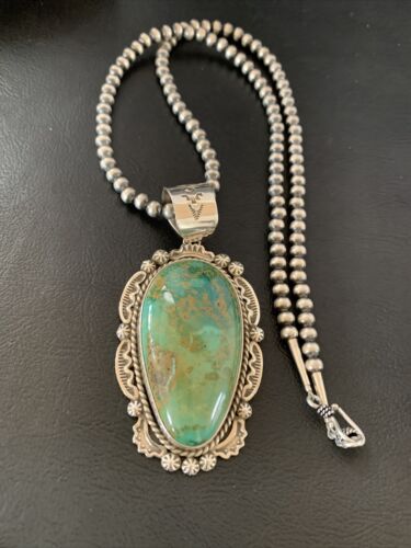 Navajo Green Royston Turquoise Pendant Necklace | Sterling Silver | Authentic Native American Handmade | 10238
