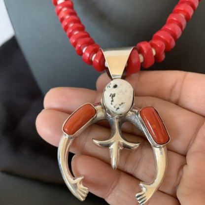 Navajo White Buffalo Turquoise Coral Naja Pendant | Sterling Silver | Authentic Native American Handmade | 10519