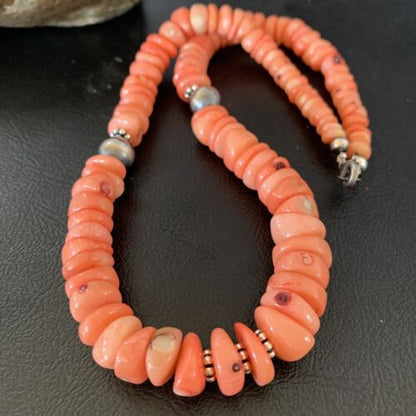 Native American Navajo Pink Coral Bead Necklace | Sterling Silver | 18" | 13231 - Masha USA