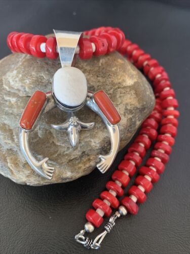 Navajo White Buffalo Turquoise Coral Naja Pendant | Sterling Silver | Authentic Native American Handmade | 10517