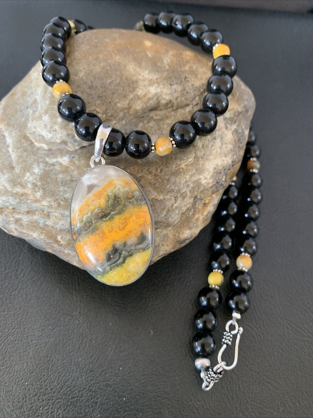 Men's Navajo Pearls Onyx Bumblebee Jasper Necklace Pendant | Sterling Silver | Native American Handmade | 10325