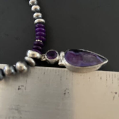 Navajo Pearls Necklace with Purple Sugilite Pendant | Sterling Silver | Multi-Stone | 11334