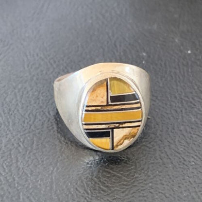 Men's Navajo Black Onyx & Tigers Eye Inlay Sterling Silver Ring | Sz 10 | Handmade Jewelry | 10730