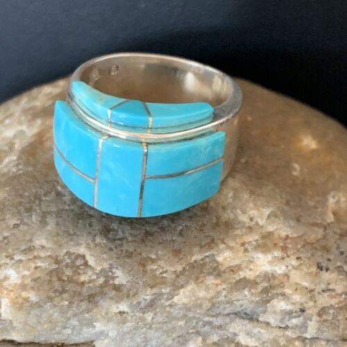 Navajo Blue Turquoise Inlay Band Ring | Sz 8 | Authentic Native American Handmade | 14163