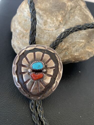 Navajo Turquoise Coral Bolo Tie | Sterling Silver | Authentic Native American Handmade | 1999 Bolo