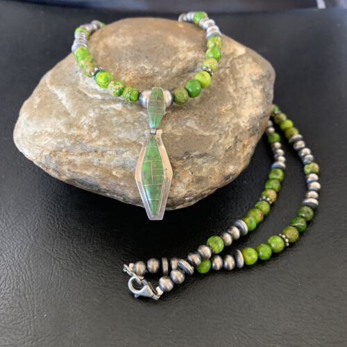 Navajo Green Gaspeite Turquoise Pendant | Sterling Silver Inlay | Authentic Native American Handmade | 12361 - Masha USA