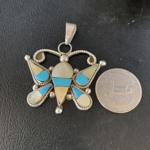 Zuni Butterfly Pendant Necklace | Turquoise & Yellow Mother of Pearl Inlay | Sterling Silver | 14208