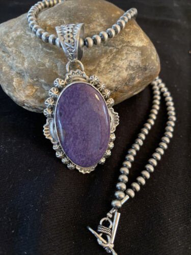 Southwestern Navajo Necklace | Sterling Silver Purple Charoite Pendant | Authentic Native American Handmade | 1353