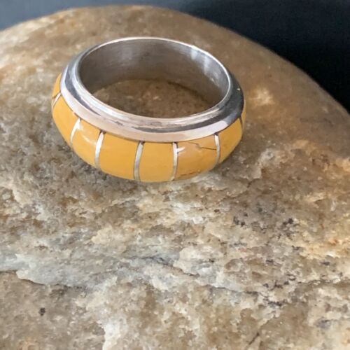 Navajo Yellow Gold Turquoise Inlay Ring | Sterling Silver | Sz 6.5 | Authentic Native American Handmade | 10354