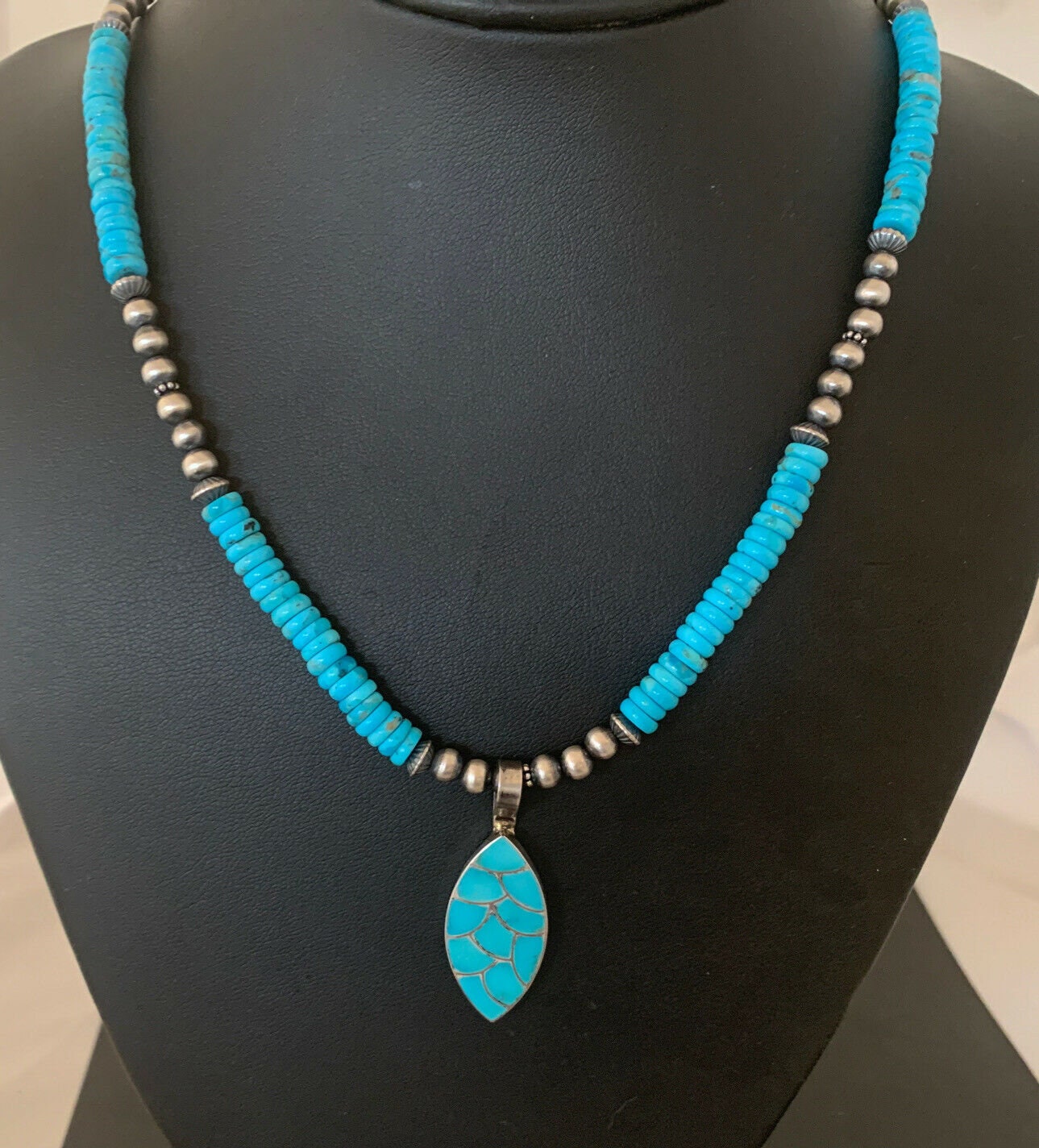 Zuni Blue Turquoise Necklace with Inlay Pendant | Sterling Silver | Authentic Native American Handmade | 02092