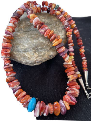Navajo Spiny Oyster Nugget Beads Necklace | Sterling Silver | Authentic Native American Handmade | 22" | 1346
