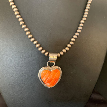 Navajo Orange Heart Spiny Oyster Pendant | Sterling Silver Necklace | Authentic Native American Handmade | 13949