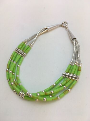 Handmade Liquid Silver Green Gaspeite Heishi Bracelet | Sterling Silver | 5-Strand | 7" | 13606