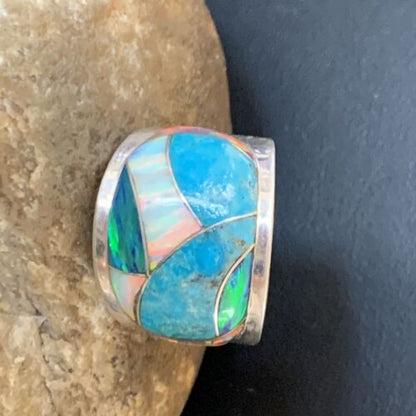 Navajo Blue Turquoise Opal Inlay Men's Pinky Ring | Sz 7 | Sterling Silver Band | 12859