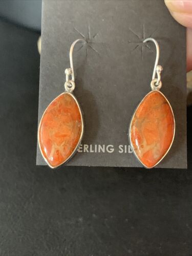 Native American Orange Apple Coral Dangle Drop Earrings | Sterling Silver | 1" | 14096