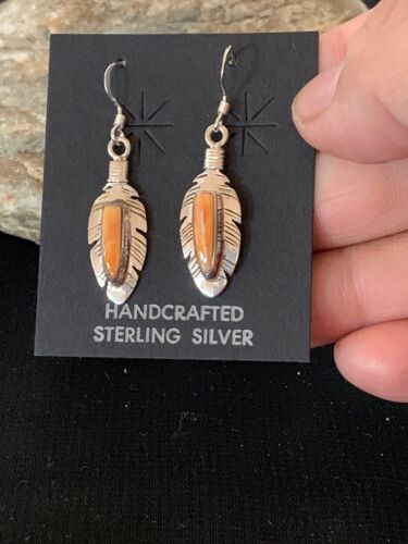Navajo Orange Spiny Oyster Feather Earrings Set | Sterling Silver | Authentic Native American Handmade | 2741
