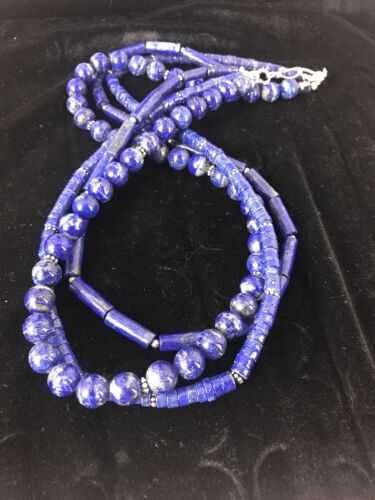Native American Denim Lapis Necklace | 3 Strand Sterling Silver Tube Bead | 22" | 3869