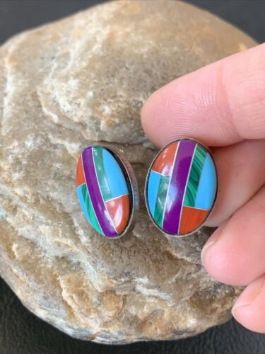 Navajo Multi-Color Turquoise Coral Inlay Earrings | Sterling Silver | Authentic Native American Handmade | 1716