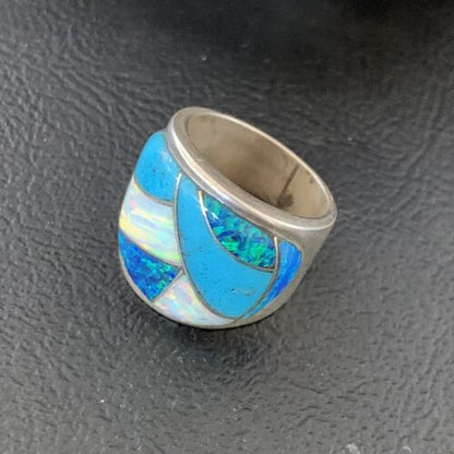 Navajo Blue Turquoise Opal Inlay Band | Sz 5 | Authentic Native American Handmade Men's Pinky Ring | 12858