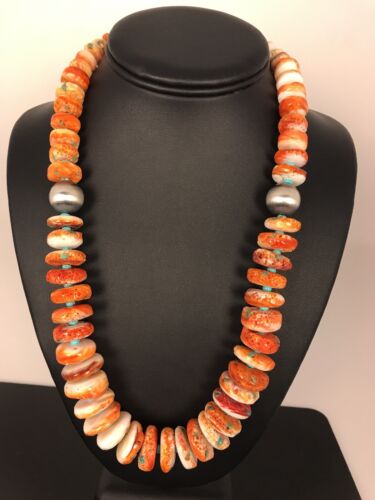Authentic Native American Navajo Necklace | Orange Spiny Oyster & Turquoise | Sterling Silver | 22"