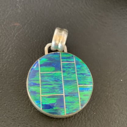 Authentic Native American Navajo Sterling Silver Blue Fire Opal Inlay Pendant | Handmade Jewelry | 13143