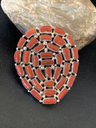 Navajo Red Coral Cluster Ring | Authentic Native American Sterling Silver | Multi-Stone | Sz 7 | 12231