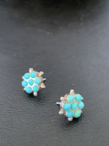 Zuni Petit Point TurquoiseCluster Earrings | Authentic Native American Handmade | Sterling Silver | 1608