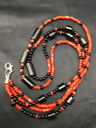 Southwestern Red Coral & Onyx 2-Strand Necklace | Navajo Sterling Silver | Authentic Native American Handmade | 4523