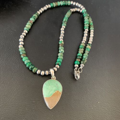 Navajo Green Turquoise Pendant Necklace | Sterling Silver Beads | Authentic Native American Handmade | 13366