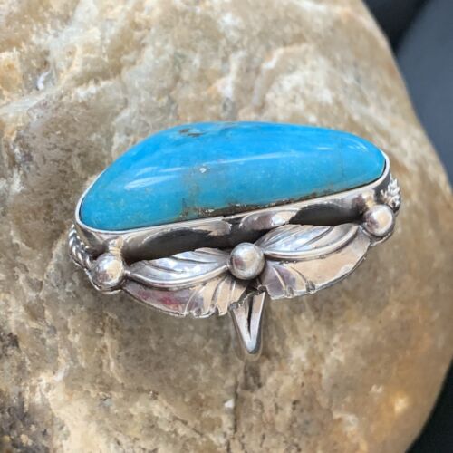 Navajo Blue Kingman Turquoise Ring | Sterling Silver Feather | Sz 7.5 | Authentic Native American Handmade | 10851