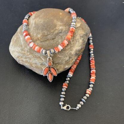 Navajo Pearl Necklace with Red Apple Coral, Spiny Oyster Pendant | Authentic Native American Sterling Silver | Multi-Stone | 12388