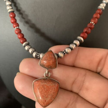 Navajo Red Apple Coral and Multi-Stone Bead Necklace Pendant | Sterling Silver | Native American Handmade | 13415