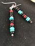 Navajo Sterling Silver Turquoise Onyx Coral Earrings | Southwestern Native American | 8334