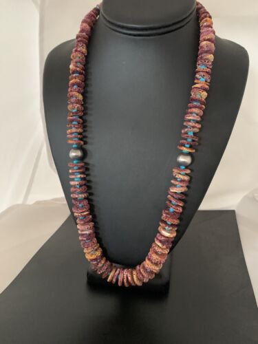 Navajo Purple Spiny Oyster & Turquoise Graduated Necklace | Sterling Silver | Authentic Native American | 24" | 119" - Masha USA