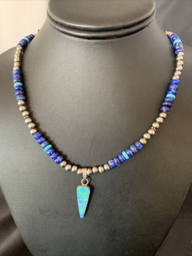 Men's Navajo Pendant | Blue Lapis Turquoise Opal Sterling Necklace 22" | 13385