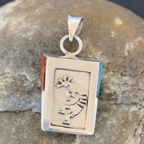 Navajo Kokopelli Coral Turquoise Inlay Pendant | Sterling Silver | Authentic Native American Handmade | 10880