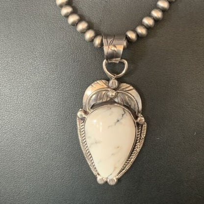 White Buffalo Turquoise Pendant Necklace | Sterling Silver | Navajo | Authentic Native American Handmade | 14049