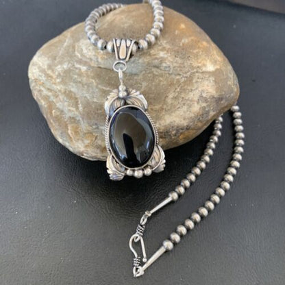 Native American Men's Pendant | Navajo Pearls | Sterling Silver Black Onyx Necklace | 10744