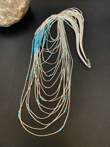 Turquoise Liquid Silver Heishi Necklace | 20 Strand Sterling Tube Pendant | Native American Handmade | 12296