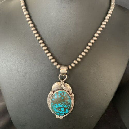 Navajo Spiderweb Turquoise Pendant Necklace | Sterling Silver | 2.25" | Authentic Native American Handmade | 14061